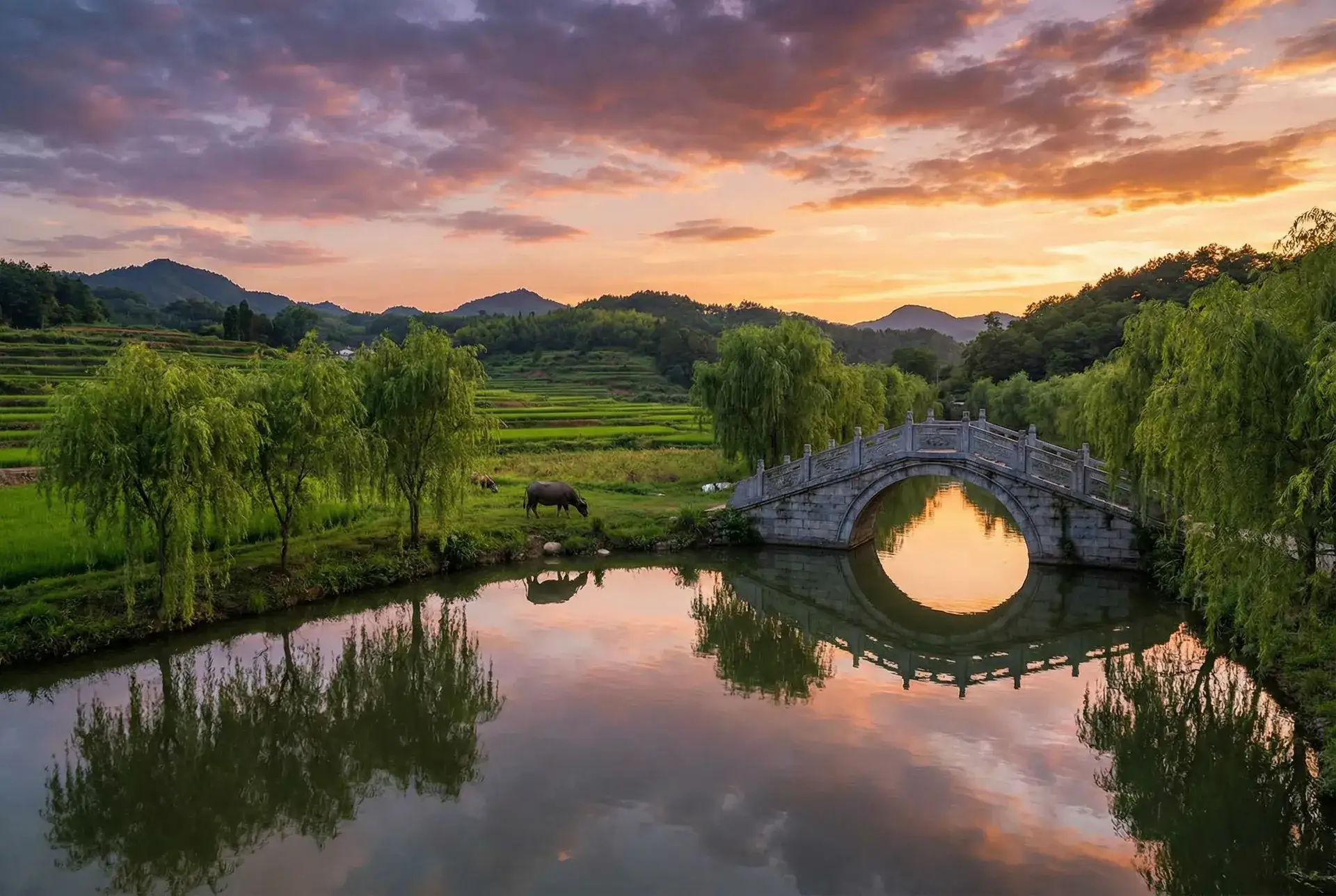 夕阳下的石拱桥与垂柳，水牛在河边吃草 - 金鳞岂是池中物 小说 乡村美景