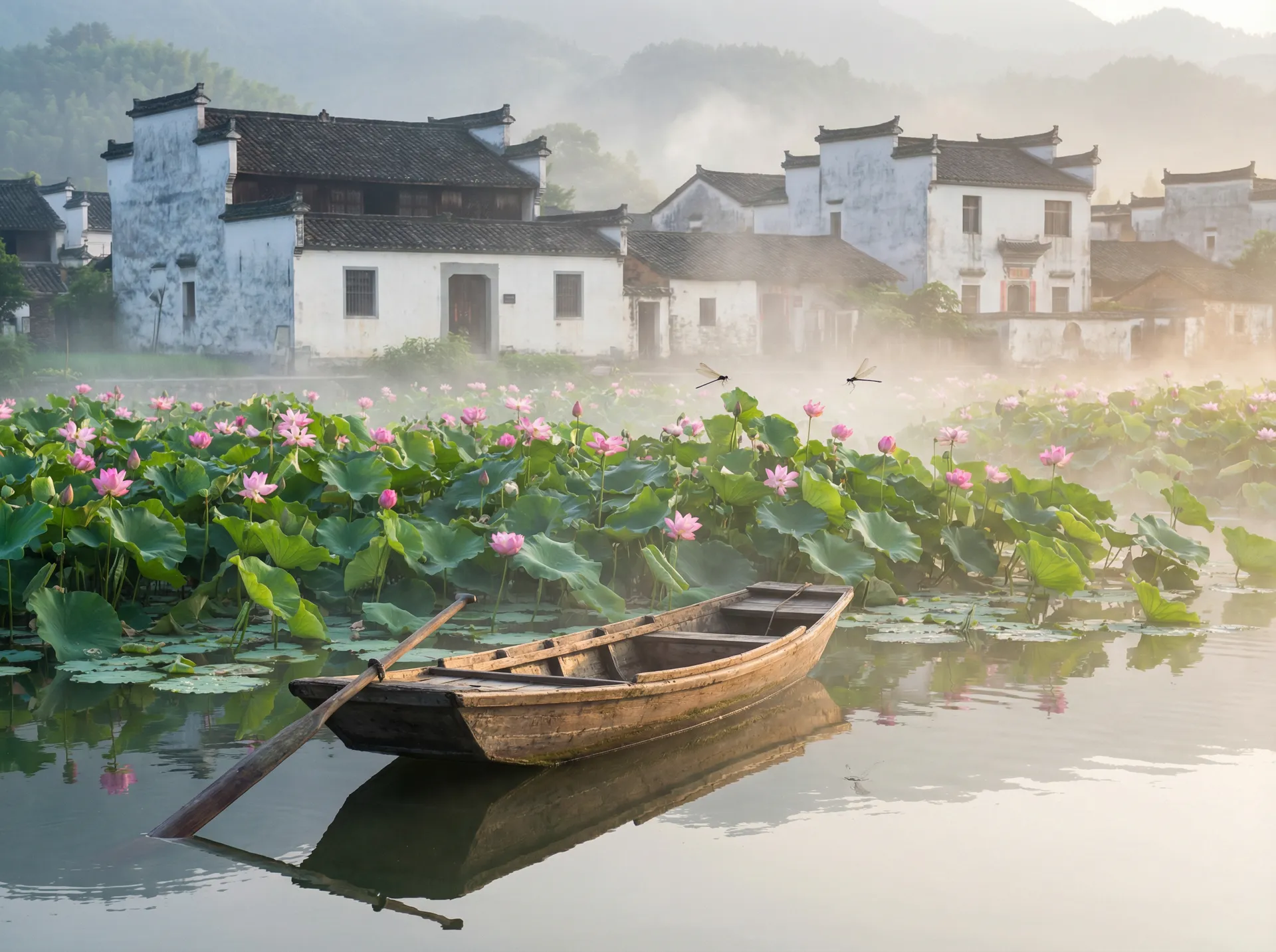 清晨荷塘小舟，粉色荷花盛开，白墙黑瓦的村庄 - 金鳞岂是池中物 小说 水乡风情